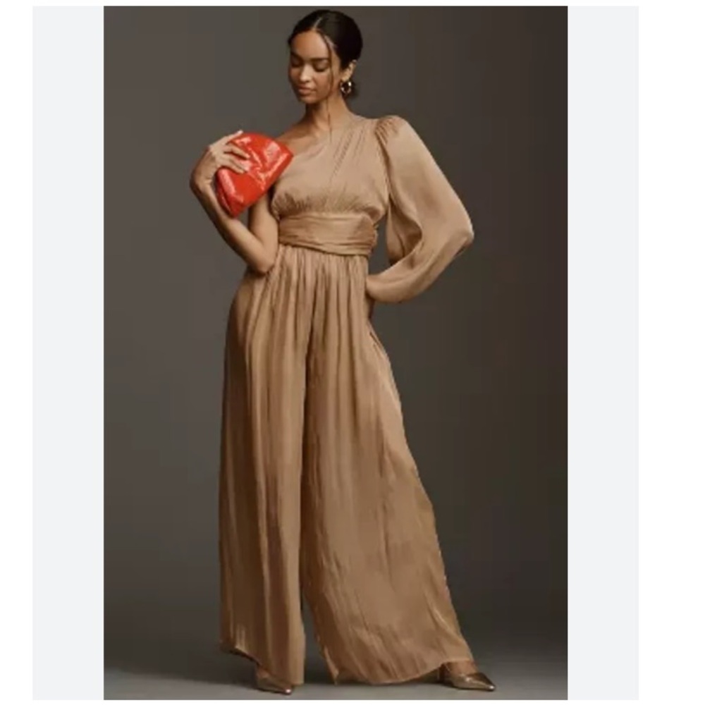 NWT Anthropologie Gold Shimmery One Shoulder Wide Leg Jumpsuit, 4